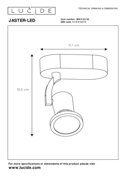 Lucide JASTER-LED - Ceiling spotlight - LED - GU10 - 1x5W 2700K - Black - technical